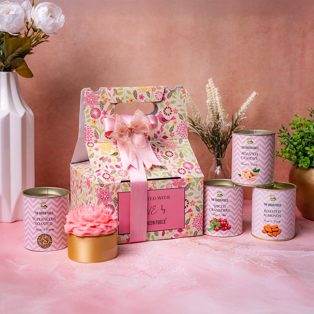 Celeste Indulgence – Premium Dry Fruit Gift Box with Roasted Almonds Cashews and Floral Candle – The Green Fuels