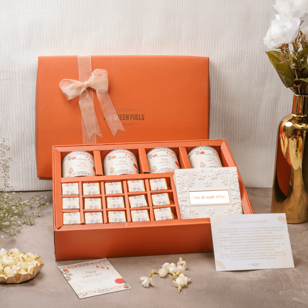 Divine festive luxe box Diwali gift with fusion nougats almonds cashews pistachios and Ganesha Laxmi idol by TGF