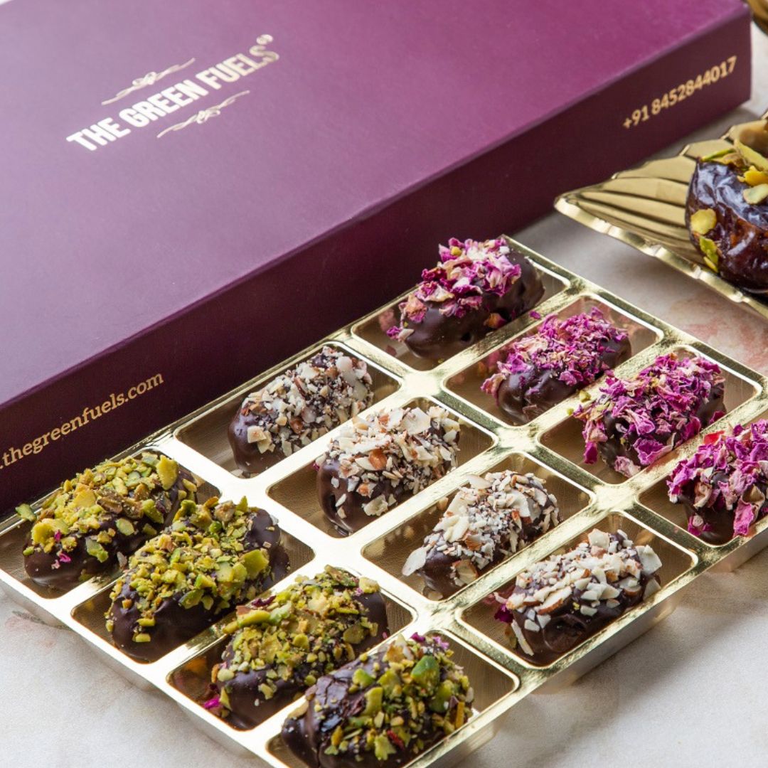 Chocolate coated dates, stuff with nuts - 12 pc box