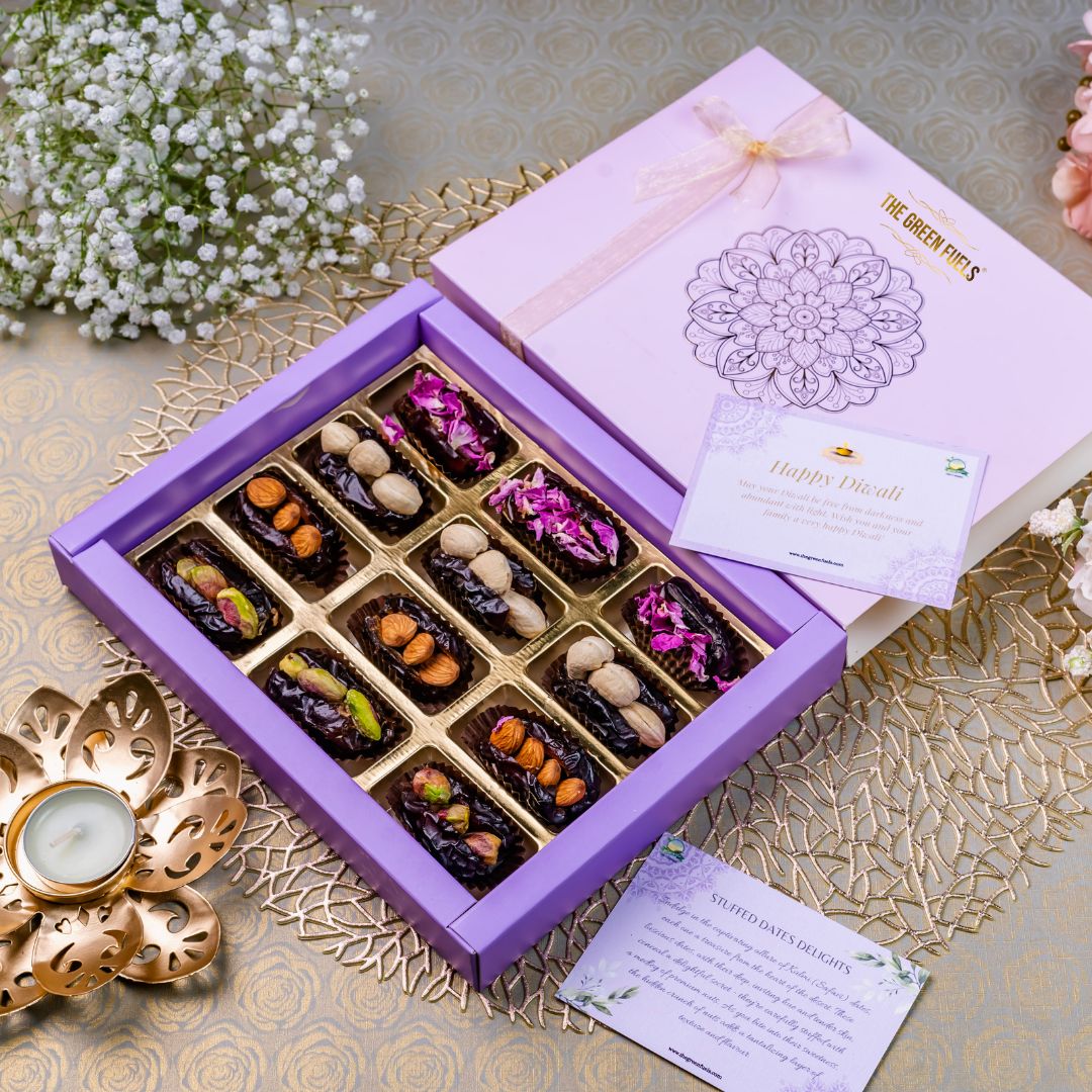 Gift Box of Nut Stuffed Dates 12 pcs Safavi dates with almonds cashews pistachios rose petals and pecans