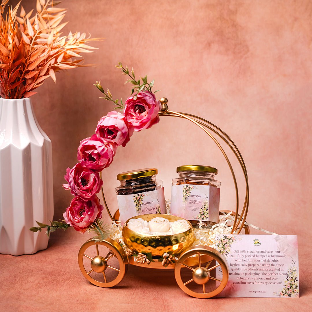 Golden Chariot of Elegance – Wedding & Engagement Gift Hamper in Gold Plated Chariot Basket – The Green Fuels