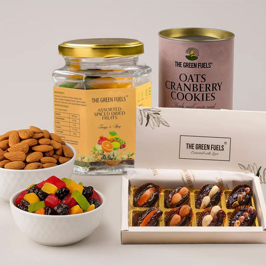 Kids smart snacking bundle with stuffed dates, oats cookies, mix fruits and mamra almonds by The Green Fuels