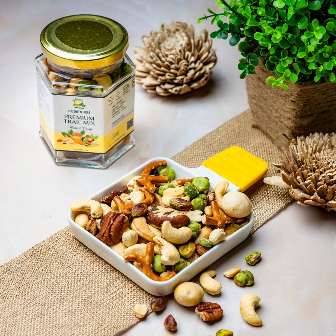 Premium Trail Mix with Brazil nuts, pecan, macadamia, pistachios, cashews, wasabi and pretzels