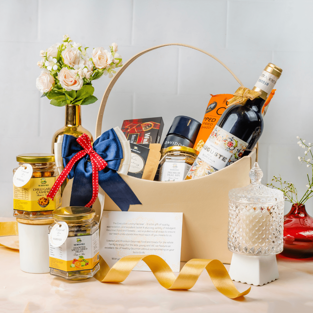 Global gourmet basket Diwali gift with non-alcoholic wine Davidoff coffee Walkers shortbread and crystal candle