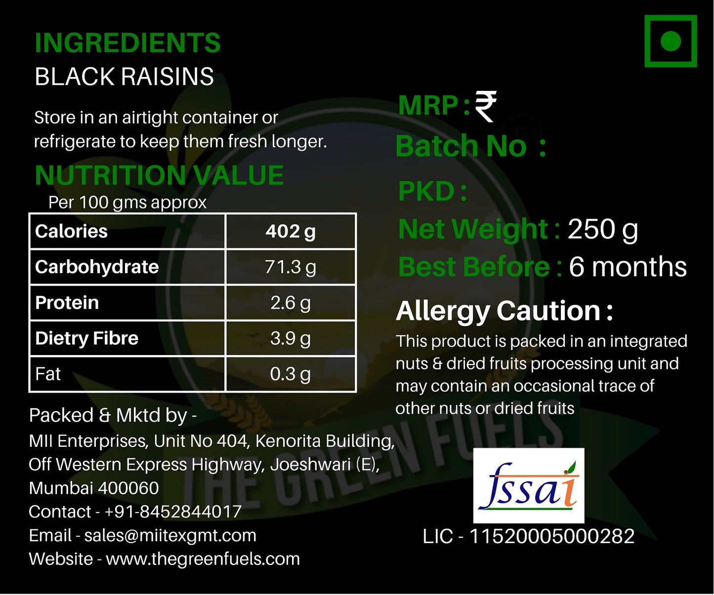 Black Raisin | Seedless Dry Grapes - 250 gm